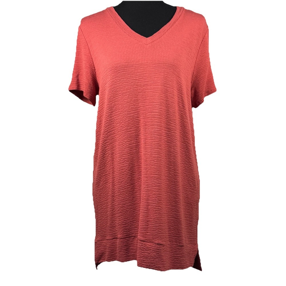 Adrianna Papell Red Sand Textured V Neck Short Sleeve Tunic‎ Dress Size S